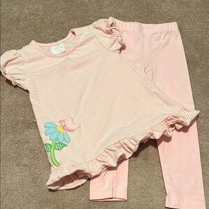 Pink Striped Kids Pant Set with Flower Design